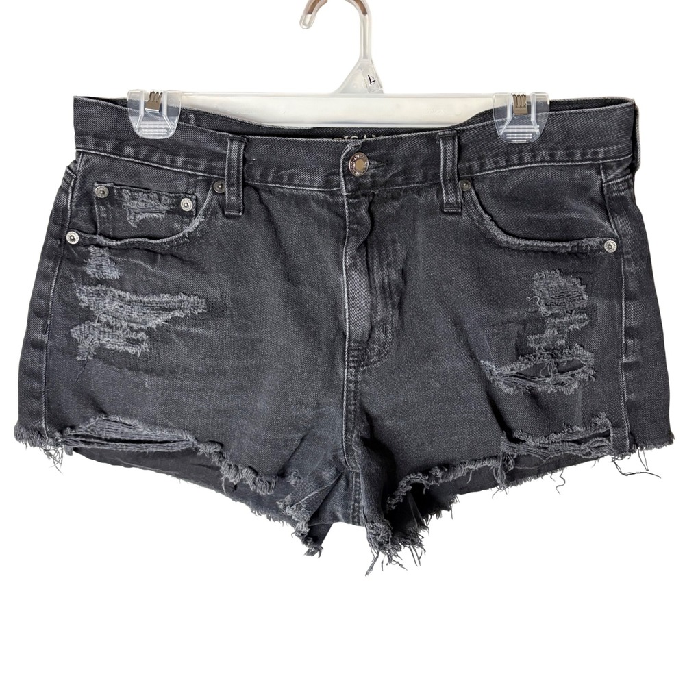 American Eagle Hi-Rise Festival Shorts Womens 10 Black Distressed Frayed Denim